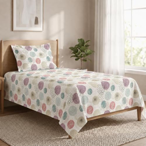 Image of LANE LINEN Symphony | 100% Cotton Sheet Set | Soft & Breathable Fabric | 2 Piece (1 Bedsheet + 1 Pillow Cover) | Single Bed Sheet Set - Colorful Circle Pattern