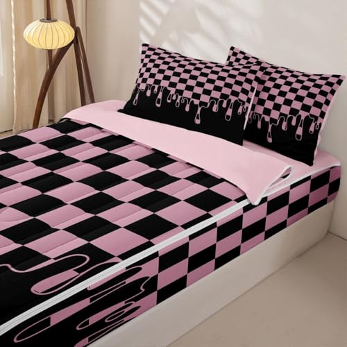 Image of Black Pink Checkered Zipper Bedding 4 Piece Comforter Set - Full Size Zip Up Comforter with Fitted Sheet & 2 Pillowcases,Checkerboard Drip Indie Aesthetic Funky Geometric Bed in a Bag for Kids