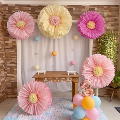 Image of Chunful 5 Pcs 30'' 24'' Pink Giant Tissue Paper Flowers for Wall Boho Large Hanging Tissue Crepe Flowers Paper Pom Poms Decor for Wedding Bridal Shower Baby Shower Tea Party Nursery Birthday Decor