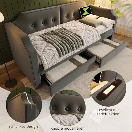Cama tapizada gris de 90x200 para dormitorio juvenil con cajones amplios para guardar ropa 8