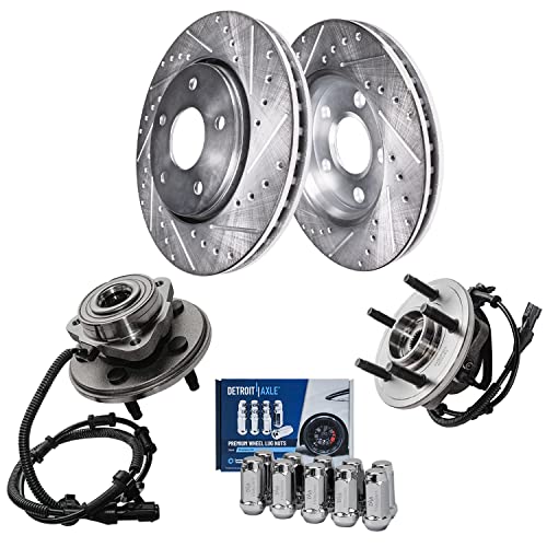 Image of Detroit Axle - Front Brake Kit for Ford Explorer Mercury Mountaineer | Drilled & Slotted Brake Rotors Wheel Bearing Hubs Assembly 10pc Wheel Lug Nuts 2002 2003 2004 2005 Replacement