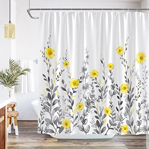Floral Yellow Grey Shower Curtain Daisy Flowers Plant Leaf Farmhouse