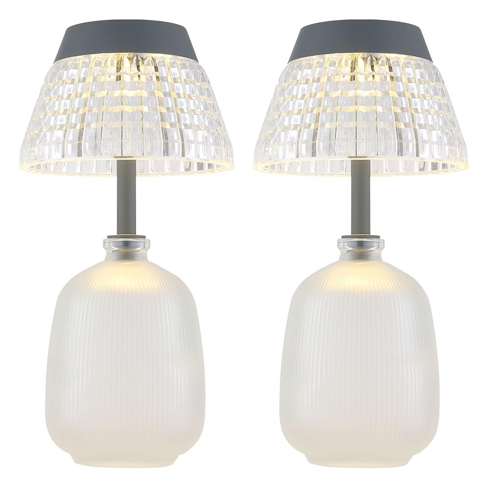 Solarlampe Tischleuchte Außenlampe klar Akku Glas LED Gartenlampe Balkonlampe, Acryl, Glas, LED 3000K warmweiß, DxH 13,5x27 cm, 2er Set