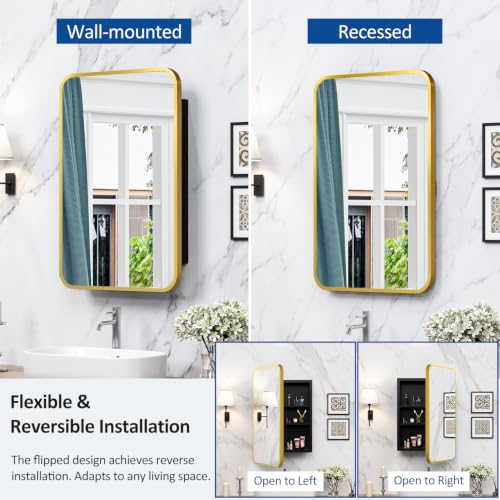 Image of ACEMIRO 16x24 Inch Mirror Medicine Cabinet for Bathroom Gold Metal Frame Bathroom Medicine Cabinet with Mirror Recessed or Wall Mounted