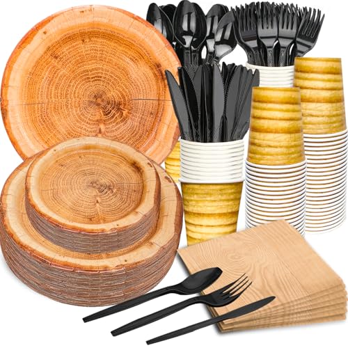 175Pcs WoodGrain Party Supplies Camping Wood Slice Set 9"&7" WoodGrain Paper Plates Napkins Cup Knives Forks Spoons for CampFire Camping Woodland Animal Baby Shower Birthday Party Decor Serve25