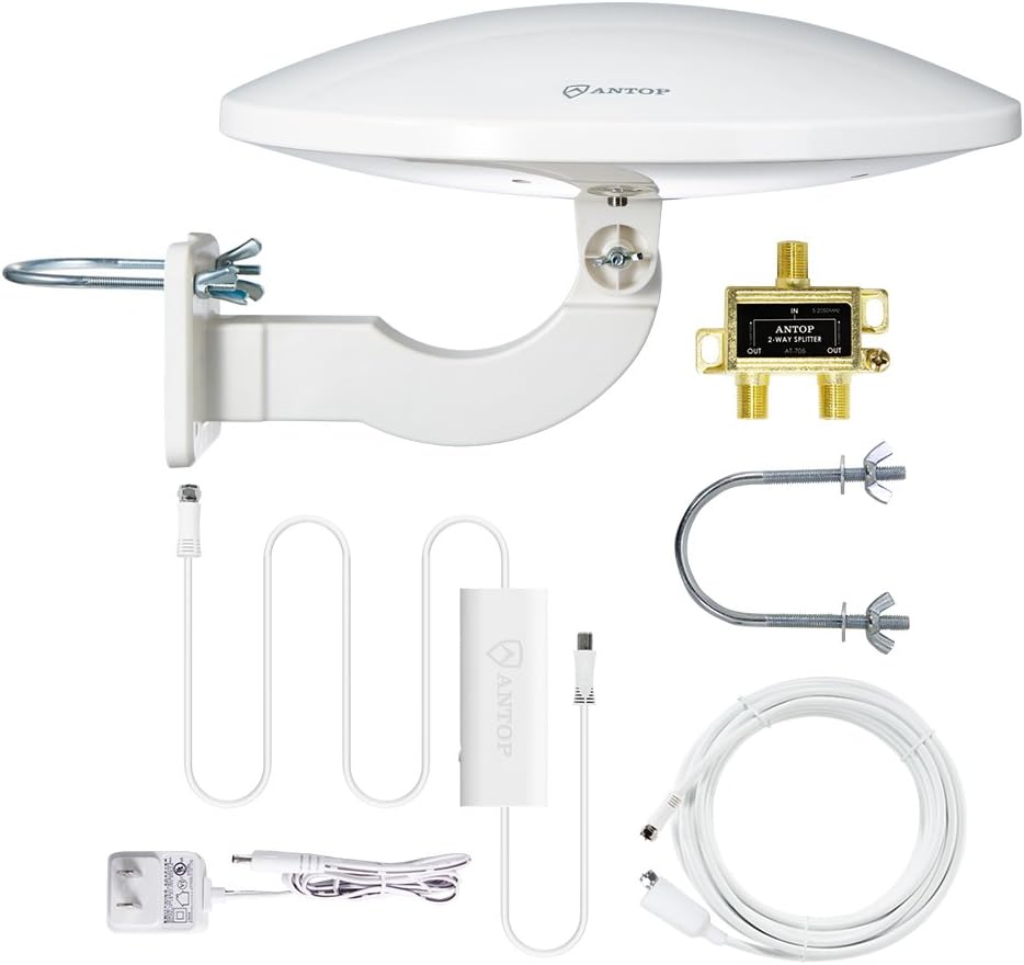 ANTOP TV Antenna for Local Channels, Outdoor HDTV Antenna for Digital Smart TV, Omni Directional UFO Amplified 360 High Reception for RV/Marine 65 Miles Long Range with 33ft Coaxial Cable