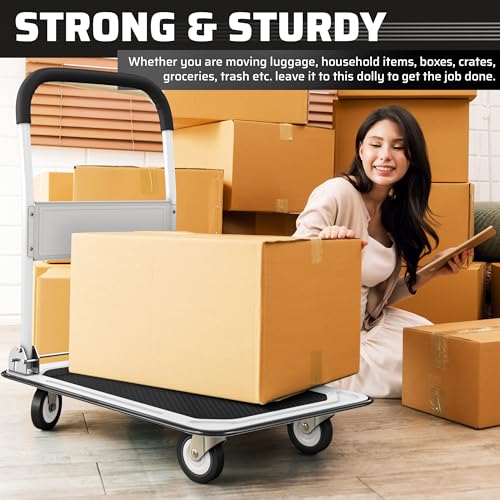 Image of Heavy Duty Foldable Push Cart Dolly | 330 lbs. Capacity | Upgraded Collapsible Hand Truck Folding Platform with Swivel Wheels | Flat Bed Moving Wagon | Space Saving Push Handle (White)