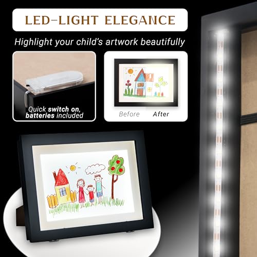 LED Kids Artwork Frames Changeable - Light-Up Frame for Children's Art - Kids Art Frame with Storage for Up to 150 Drawings - Art Display for Kids Artwork 8.3 x 11.7 - Art Picture Frames that Open for Table or Wall Use, Horizontal or Vertical - Black