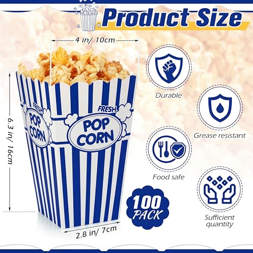 Image of Xinnun 100 Pcs Popcorn Boxes 32oz Classic Stripe Paper Buckets Disposable Oil Proof Popcorn Container Retro Open Top Box for Movie Night Supplies Theaters Carnival Birthday (Dark Blue)
