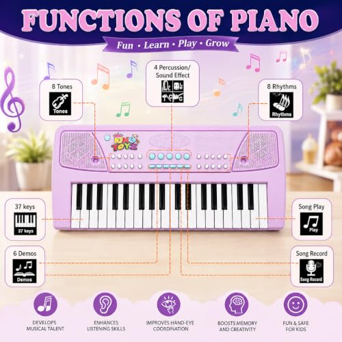 Image of Kids Piano Keyboard with Mic | 37 Keys, 8 Rhythms, 8 Tones & 6 Demo Songs | Electronic Musical Toy for Boys & Girls Age 2-5 | Educational & Recording Keyboard for Beginners -(Purple)