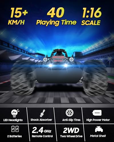 Weinsamkeit Voiture RC Drift 1:16 Tout Terrain – 4WD, LED, Effet Spray, 2 Batteries 1200mAh – Cadeau Enfant 6-12 Ans – Bleu