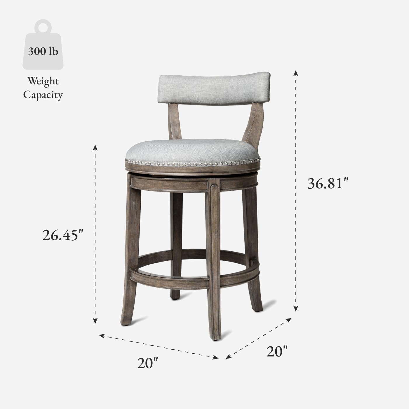 Maven Lane Alexander Counter Stool 26 Inches – Swivel Stool with Footrest – Grey Solid Wood and Grey Fabric Upholstery – Perfect for Kitchen Island and Counter