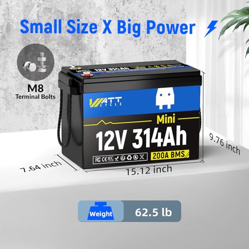 Image of WattCycle 12V 314Ah Mini LiFePO4 Lithium Battery, Upgraded Cooling Fins & Braided Wires, 200A BMS & 4.01kWh Energy, 4000+ Cycles, Ideal for RV, Marine, Camping, Solar Off-Grid