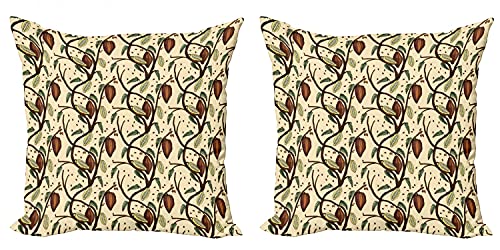 ABAKUHAUS Cacao Lot de Housses de Coussin en 2 pièces, Fruits sur Les Branches d'arbres feuillu, Impression Numérique Recto-Verso Zippée, 40 cm x 40 cm, Marron Vert Jaune pâle
