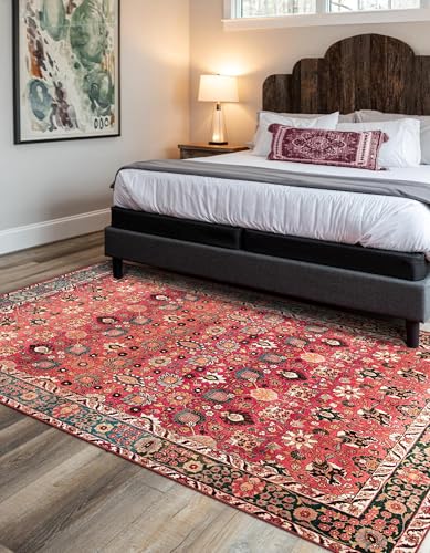 vivorug Washable Rug, Ultra Soft Area Rug 5x7, Non Slip Throw Rug, Stain Resistant Rugs for Living Room Bedroom Kitchen, Vintage Floral (Cherry Red/Spice, 5'x7')