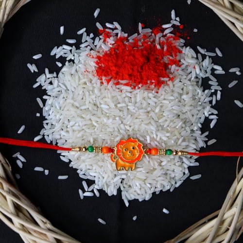Image of DeoDap Rakhi with Chocolate for Brother - Cute Lion Design Multicolor Kids Rakhi with Assorted Chocolaty Dryfruits, Greeting Card, Silver Color Pooja Coin & Tilak Set - Traditional Raksha Bandhan Festive Combo Pack