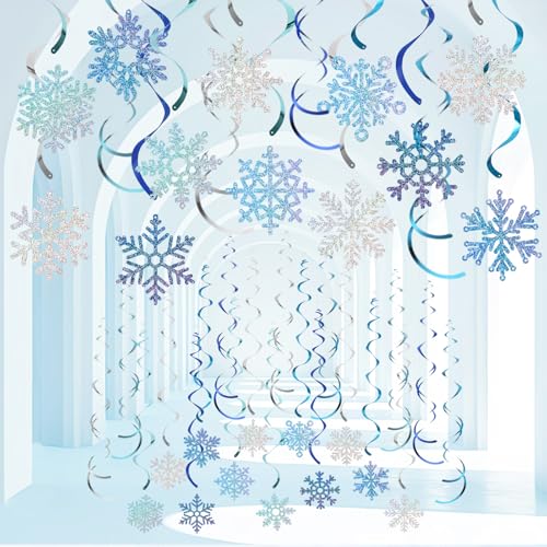 36pcs Glittery Winter Snowflake Hanging Swirl Decoration Christmas Ceiling Streamers Decor Double-Sided Snowflake Swirl for Winter Holiday Birthday Baby Shower Xmas New Year Wedding Party Supplies