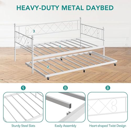 Image of Garvee Daybed with Trundle, Trundle Bed Twin with Heart-Shaped Headboard, Sturdy Metal Sofa Bed, Heavy-Duty Metal Bed Frame Support, for Living Rooms, Bedrooms, and Guest Rooms, Easy Assembly