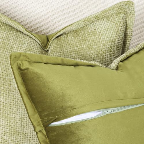 Image of MADIZZ Decorative Chenille Velvet Throw Pillow Covers Set of 2 Soft Boho Textured Neutral Couch Throw Pillow for Bed Modern Farmhouse Home Decor for Sofa Livingroom Light Green 18x18 Inch