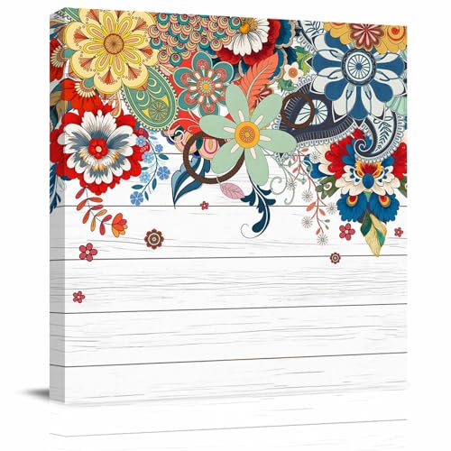 Boho Floral Canvas Wall Art, Abstract Bohemian Bloom Flower Colorful