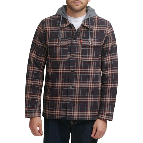 Image of Levi's mens Plaid Sherpa Lined Hooded Shirt Jacket (Regular & Big & Tall Sizes)