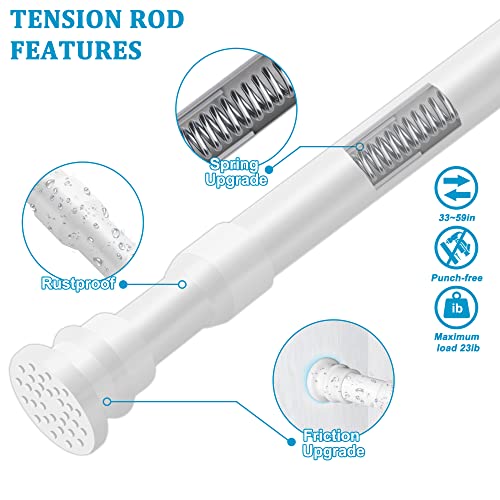 Image of Tension Curtain Rod 33 to 59 Inches Adjustable Extension Spring Tension Rods No Drilling Curtain Rod for window, Bedroom, Doorway, Closet, 1 inch Diameter, White