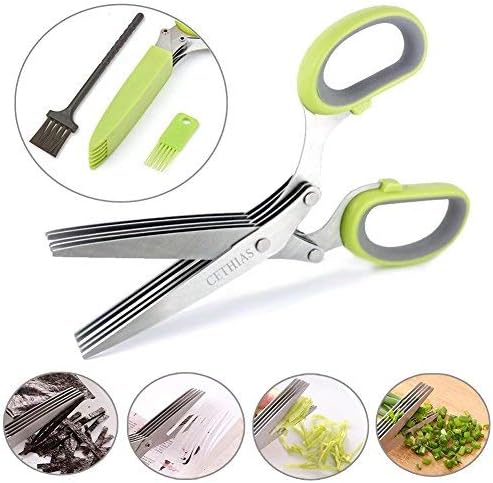 Herb Scissors,Multipurpose Kitchen Stainless Steel Shear with 5 Blades & Cover with Cleaning Comb & BONUS Cleaning Brush,Green
