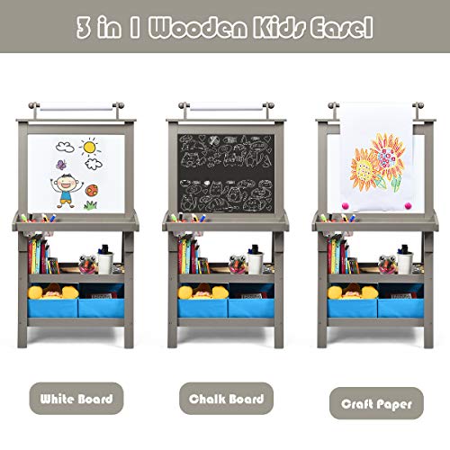 Image of GLACER All-in-One Double Sided Painting Easel for Kids with 2 Storage Bins, Paper Roll, Magnetic Whiteboard & Chalkboard, Gift for Boys & Girls (Grey)
