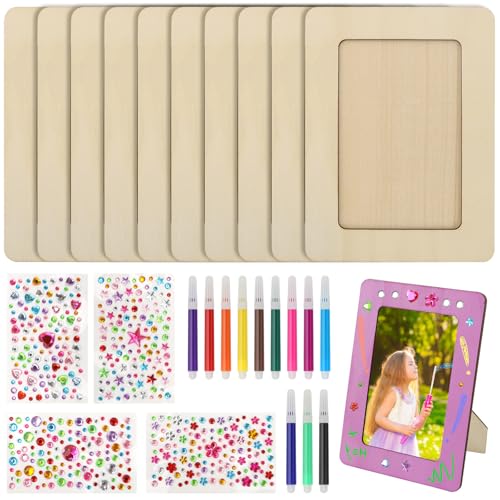 10 Stück Bilderrahmen Holz Set Kinder Bilderrahmen Bastelsets 14 x19 cm Bastelset DIY Bastelset mit 4 Sorten Glitzersteinen für DIY Holzfarbe Geschenke Dekoration Kinderbilderrahmen zum Bemalen