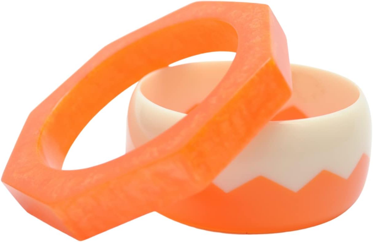 Wheedle Sextuple - Value Set of 2 bold Handmade Resin Bangles Joinery Art design & Octagonal in Autumn Glory Orange & Ivory Color satin smooth in pure cotton designer gift bag for girls & Women