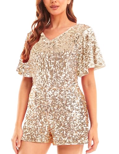 MANER Womens Sequin Romper Sparkly Short Jumpsuit Party Concert Outfit With Flutter Sleeve (Champagne Small)