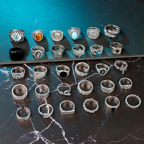 30Pcs Punk Ring for Men Women Cool Vintage Ring Silver Gothic Hippie Knuckle Ring Pack Adjustable Stackable Chunky Snake Skull Eye Ring4