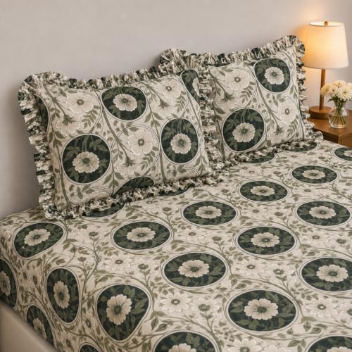 Image of King Size Fitted Bedsheet for Double Bed | 300 TC Cotton Feel Microfiber | All Around Elastic with 2 Frill Pillow Covers | Soft & Durable | (Design1, Fitted - 72 x 78 Inch King)