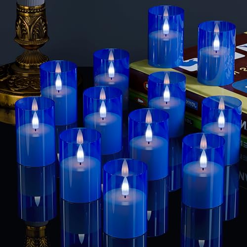 Image of 12Pack Flameless LED Candles with Timer, Battery Operated, Blue, 2 inchx3 inch | Small Pillar & Votive Candle with Realistic Flickering Warm Glow for Centerpieces, Wedding Tables, Holiday, and Home Decor