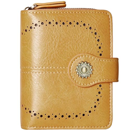 TFKGS Small Womens Wallet Leather RFID Blocking Bifold Compact Card Holder Ladies Zipper Accordion Pocket with ID Window Yellow
