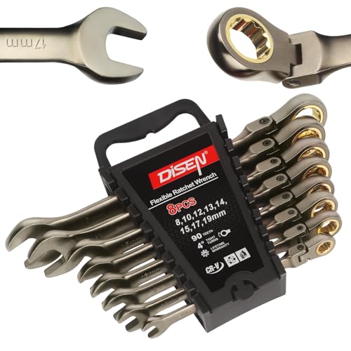 Image of DISEN 90 Teeth Ratchet Wrenches Set 8 Pieces, Flex Head Ratcheting Wrench Set Metric 8 10 12 13 14 15 17 19MM, Nickel Plating Cr-V Constructed with Organizer Rack