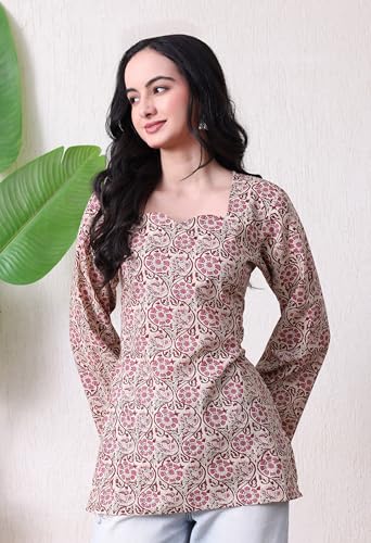 Image of MEERA FAB Women's Floral Printed Cotton Short Top | Daabu Printed Kurta with Full Sleeves | Short Kurti for Women