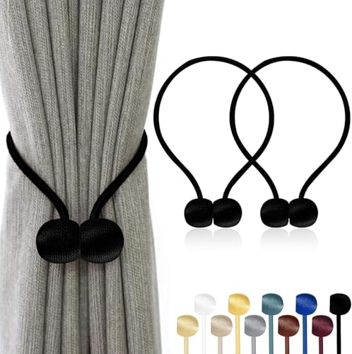 TopHomer Lot de 2 Embrasses Rideaux Magnétiques – 10 Couleurs, Corde Polyester Reinforcée – pour Salon, Chambre, Salle à Manger & Salle de Bain (Noir)