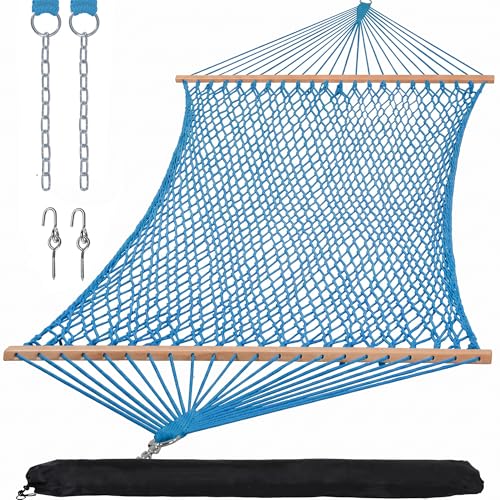 Image of SUNCREAT Rope Hammock with Spreader Bar, Carrying Bag, 450 lbs Capacity, Two Person Hammock with Tree Hooks, Blue