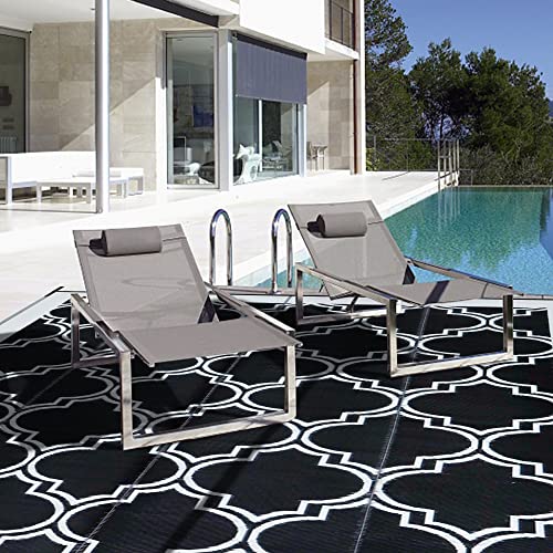 Sand Mine Reversible Mats, Plastic Straw Rug, Modern Area Rug, Large Floor Mat And Rug For Outdoors, Rv, Patio, Backyard, Deck, Picnic, Beach, Trailer, Camping (9' X 12', Black & White Quatrefoil) #TOP4