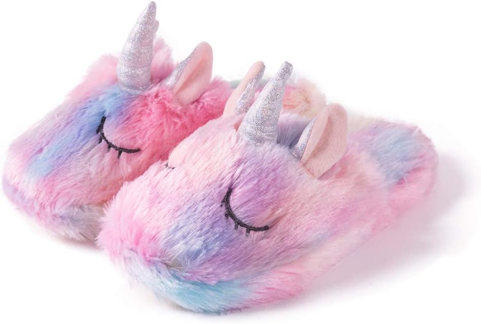 Girls Kids Unicorn Slippers Home Slippers Toddler Cute Plush Fleece Warm Cartoon Indoor Slip on Fluffy Rainbow Shoes for Boys Girls