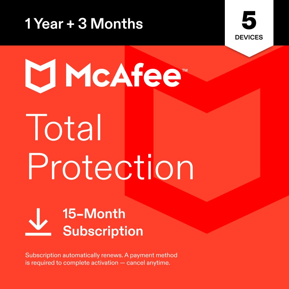 McAfee Total Protection 2027 Antivirus Software for 5 Devices | Auto-Renews