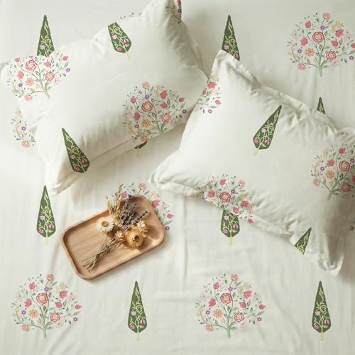 Image of Urban Space Serene 100% Cotton Bedsheet for Double Bed, Floral Queen Size Bed Sheet with 2 Pillow Covers (88 x 100 Inches, Kings Bloom)