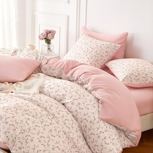 Image of Wake In Cloud - Floral Comforter Set, Coquette Cottagecore Aesthetic Cute Flower Pattern for Women Teen Girls, Soft Lightweight Dorm Bedding, 3 Pieces, Dusty Pink, Queen Size