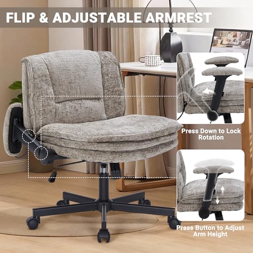 Image of Criss Cross Chair with Wheels, Upholstered Cross Legged Office Chair | Flip Arms, 3 Layer Cushions&Dynamic Airbag Lumbar Support, Wide Seat, Comfy Desk Chair for Home Office, Living Room