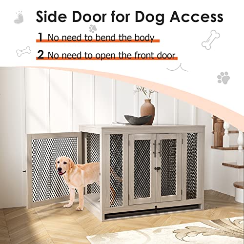 Medium To Large Sized Dog Crate With Tray And Cushion, End Table Furniture Style Dog Crate, Mesh Dog Kennels With Side Door, Dog House Indoor For Living Room, L Size, Gray #TOP3