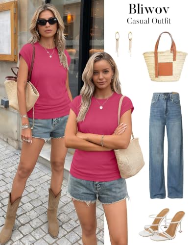 Image of Bliwov Womens Summer Tops Cap Sleeve Crew Neck Casual T Shirts