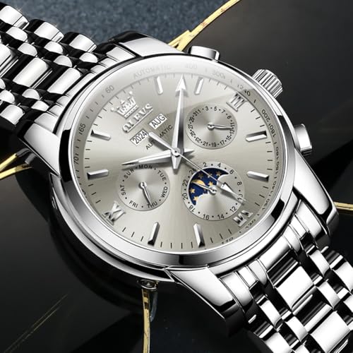 Image of OLEVS Automatic Men Watch Self Winding Mechanical Luxury Dress Moon Phase Stainless Steel Waterproof Luminous Calendar Wrist Watch