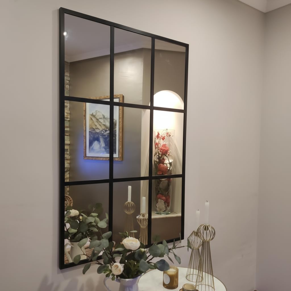 THEROSE Espejo Ventana, Espejo Industrial, Aluminio Negro 120 x 80 cm