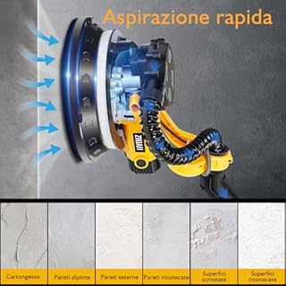 ZHJAN Levigatrice per Muro con Aspiratore 880W, Giraffa Levigatrice Professionale, Impugnatura Telescopica fino a 180cm, 5 Velocità Regolabile 1000-2100 RPM, Luce LED, per Cartongesso e Intonaco